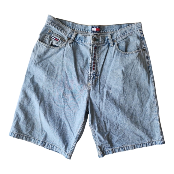 Tommy Hilfiger Light Blue Denim Shorts Vintage VTG Big Flag Logo 38 Y2K - Picture 1 of 7